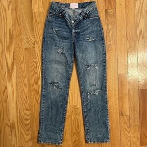 Revice denim jeans distressed V dip waist low rise Sz 26 straight relaxed ripped